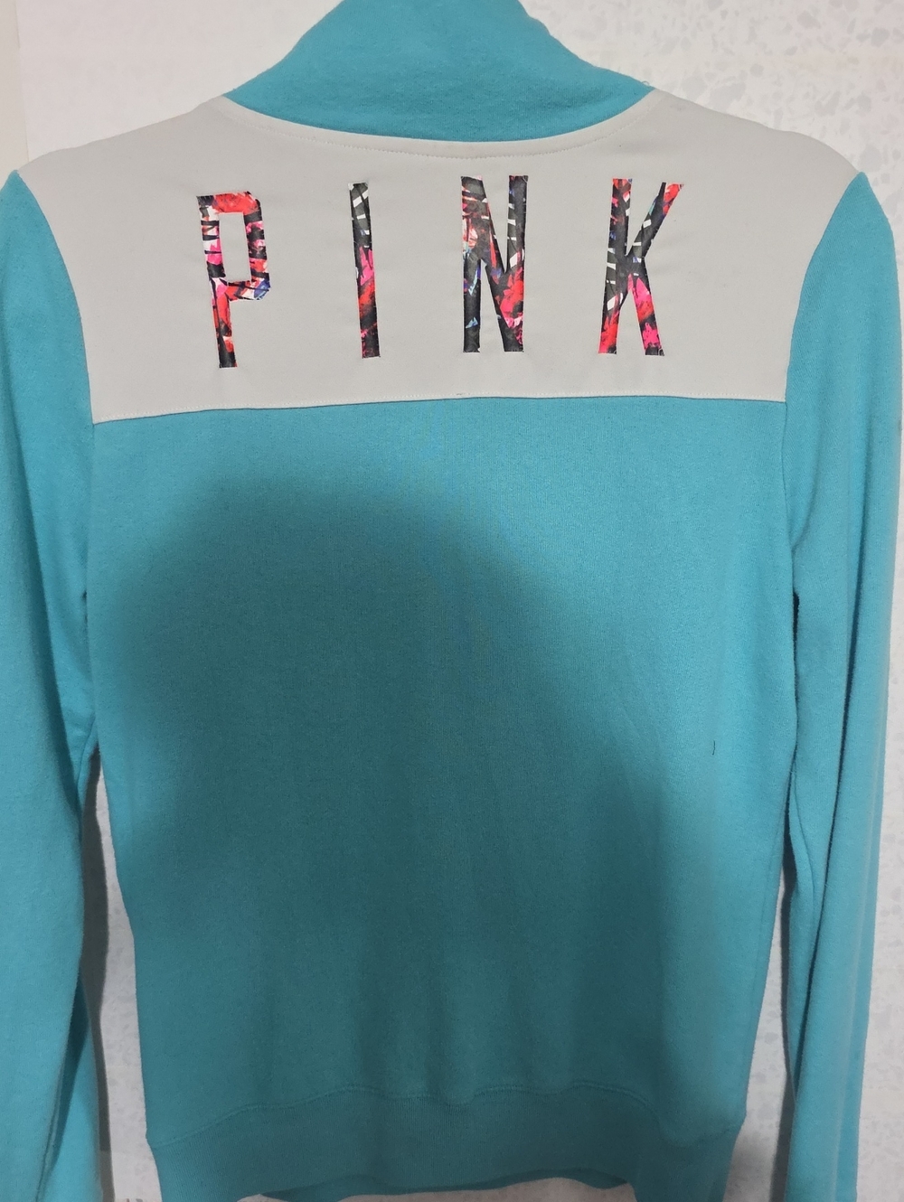 PINK Victoria's Secret Teal and Cream Pullover with Floral Logo